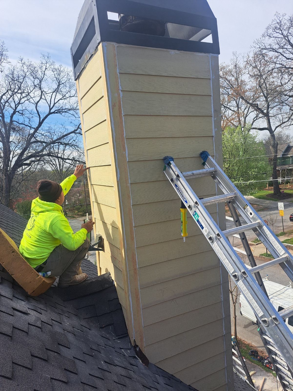 all NEW Siding on Rotted Chimney  by Nailed It Roofing & Remodeling LLC