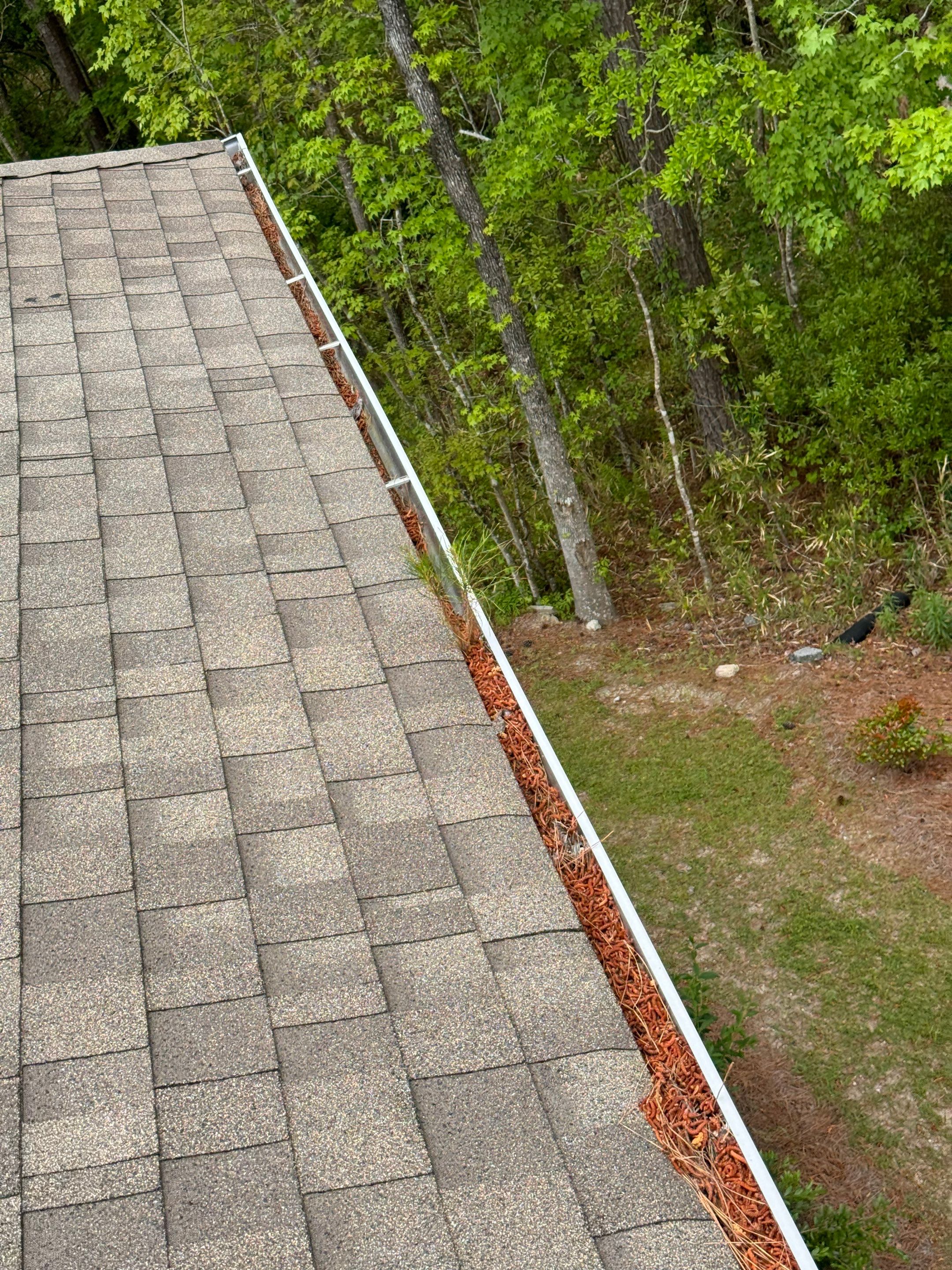 Commercial gutter cleaning New Bern & Havelock, NC before photo with filled gutters
