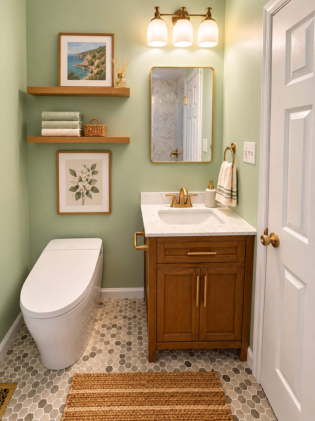 Modern Bathroom Remodel with Marble-Look Tile & Brushed Gold Finishes by Remodel Now