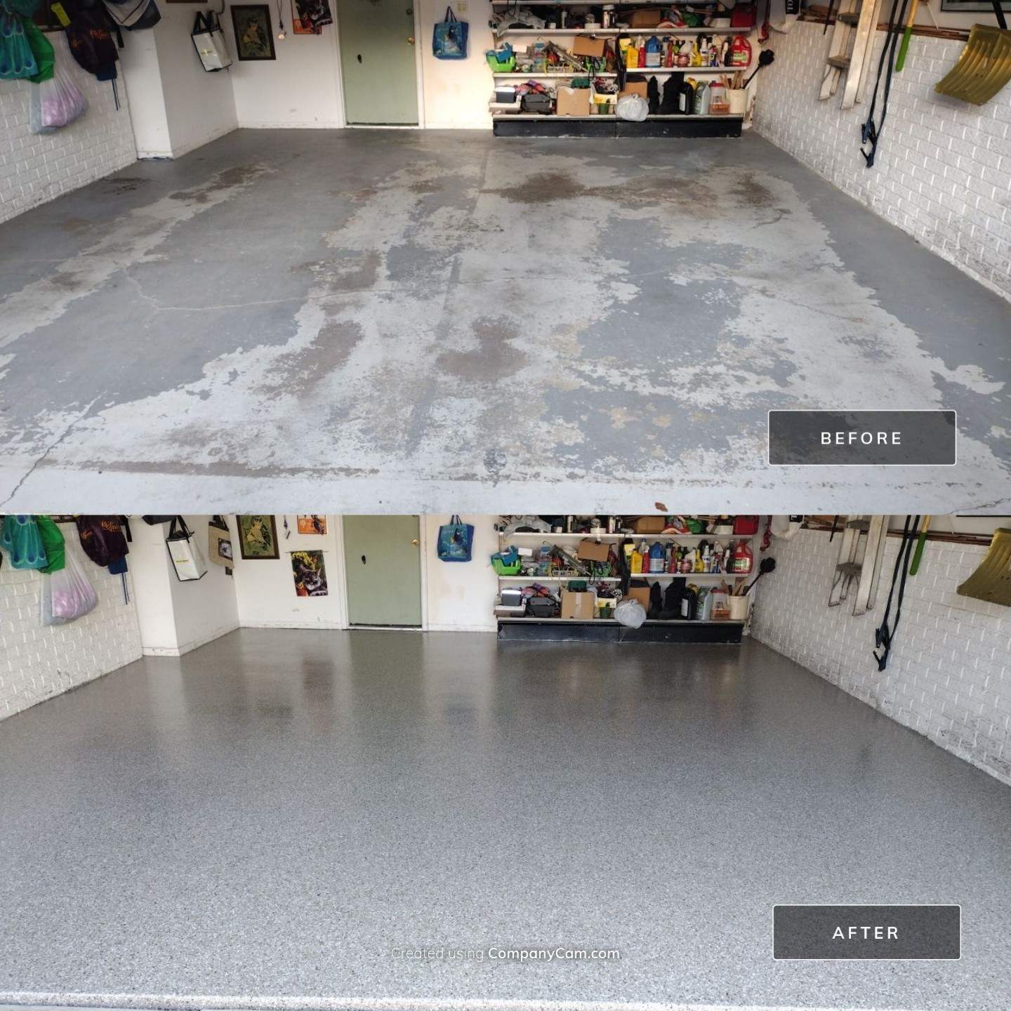 Garage Floor Coating using Pebble Bech Flakes by Revival Concrete Coatings, LLC