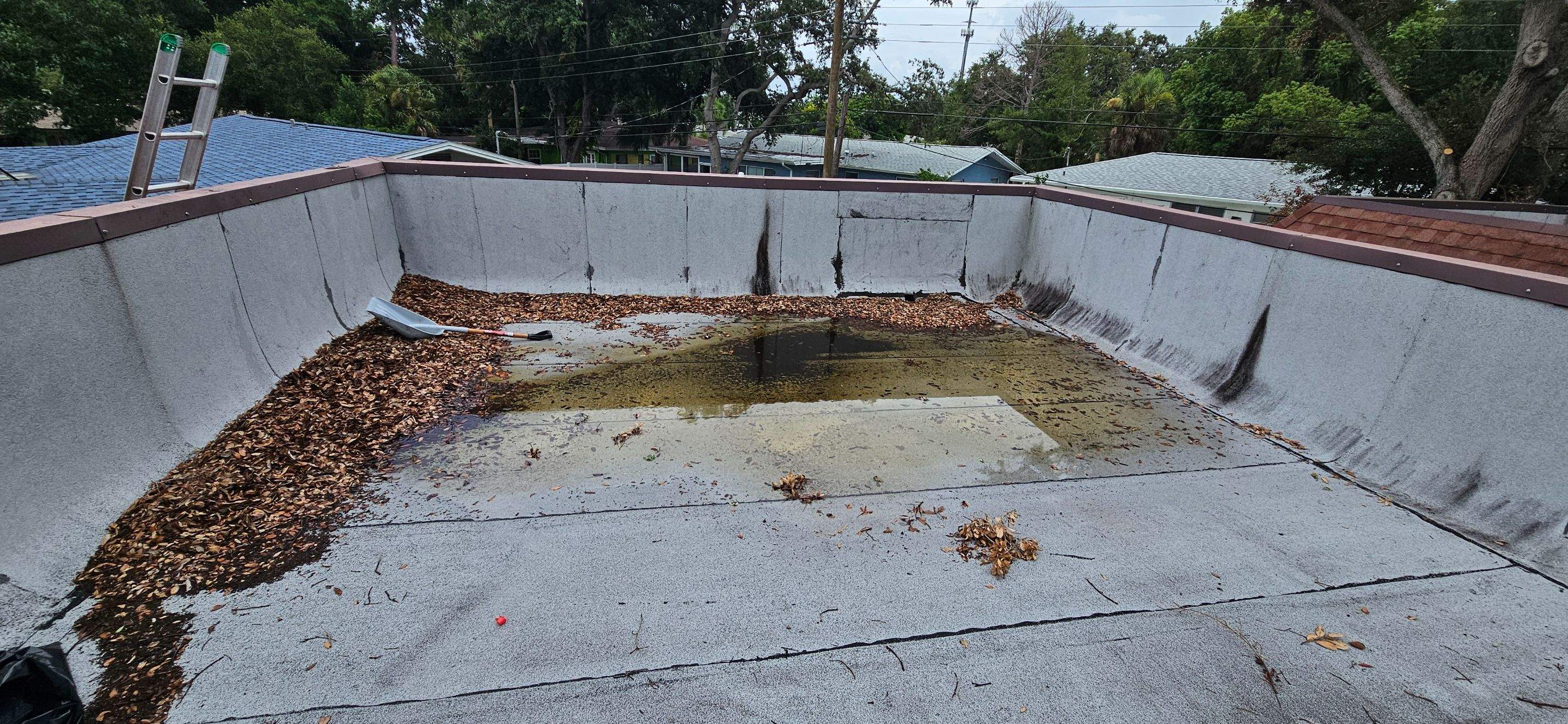 Industrial roof & gutter cleaning before.