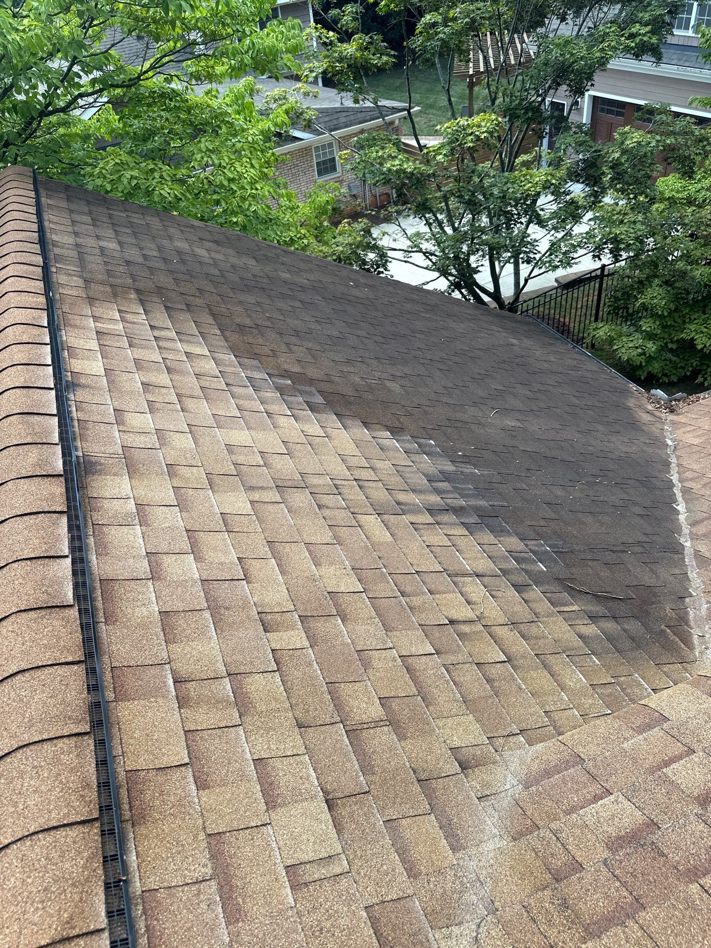 roof cleaning service in progress removing dirt and grime from roof shingles