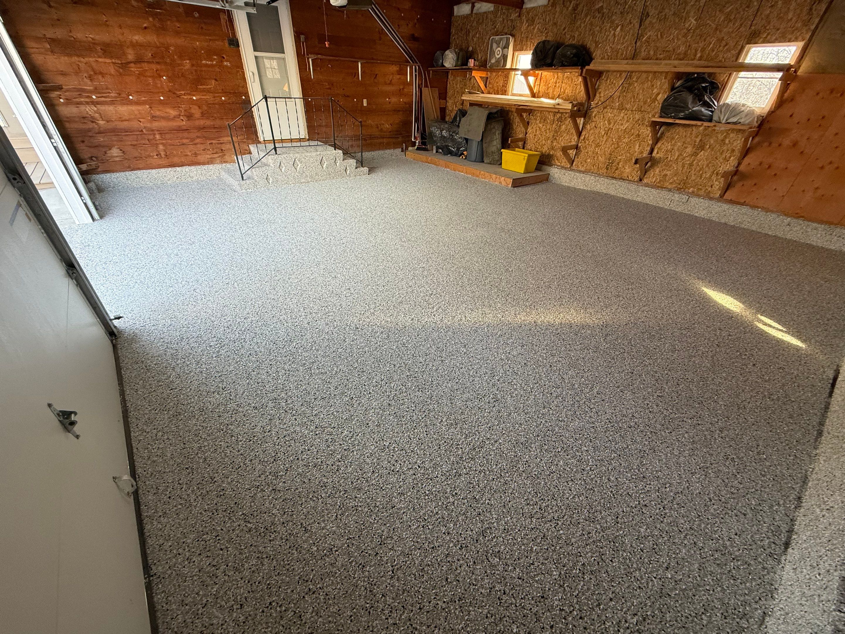 Multi-Colored Epoxy Garage Floor Coating and Concrete Stair Restoration by Select Painting, Coatings & Garage Cabinets