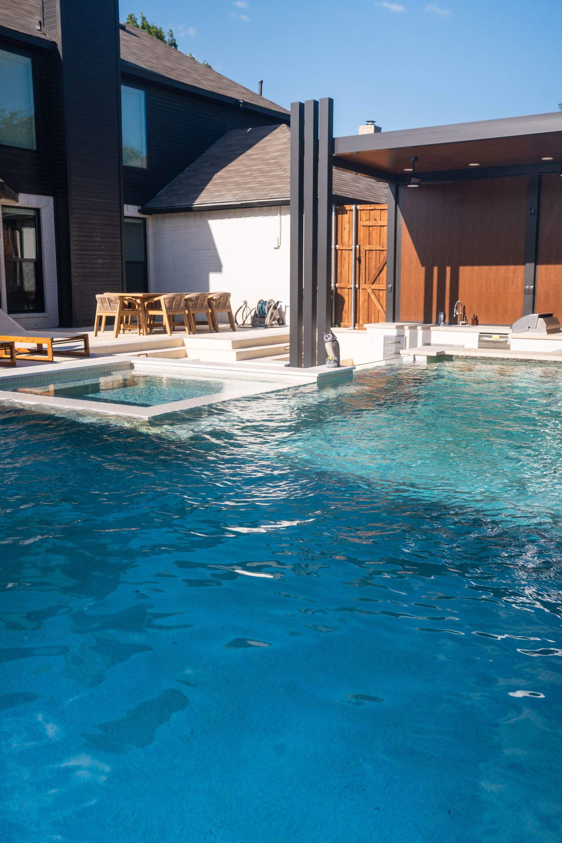 Modern Geometric Pool with Cabana and Fire Feature by Pinnacle Pools and Spas - DFW