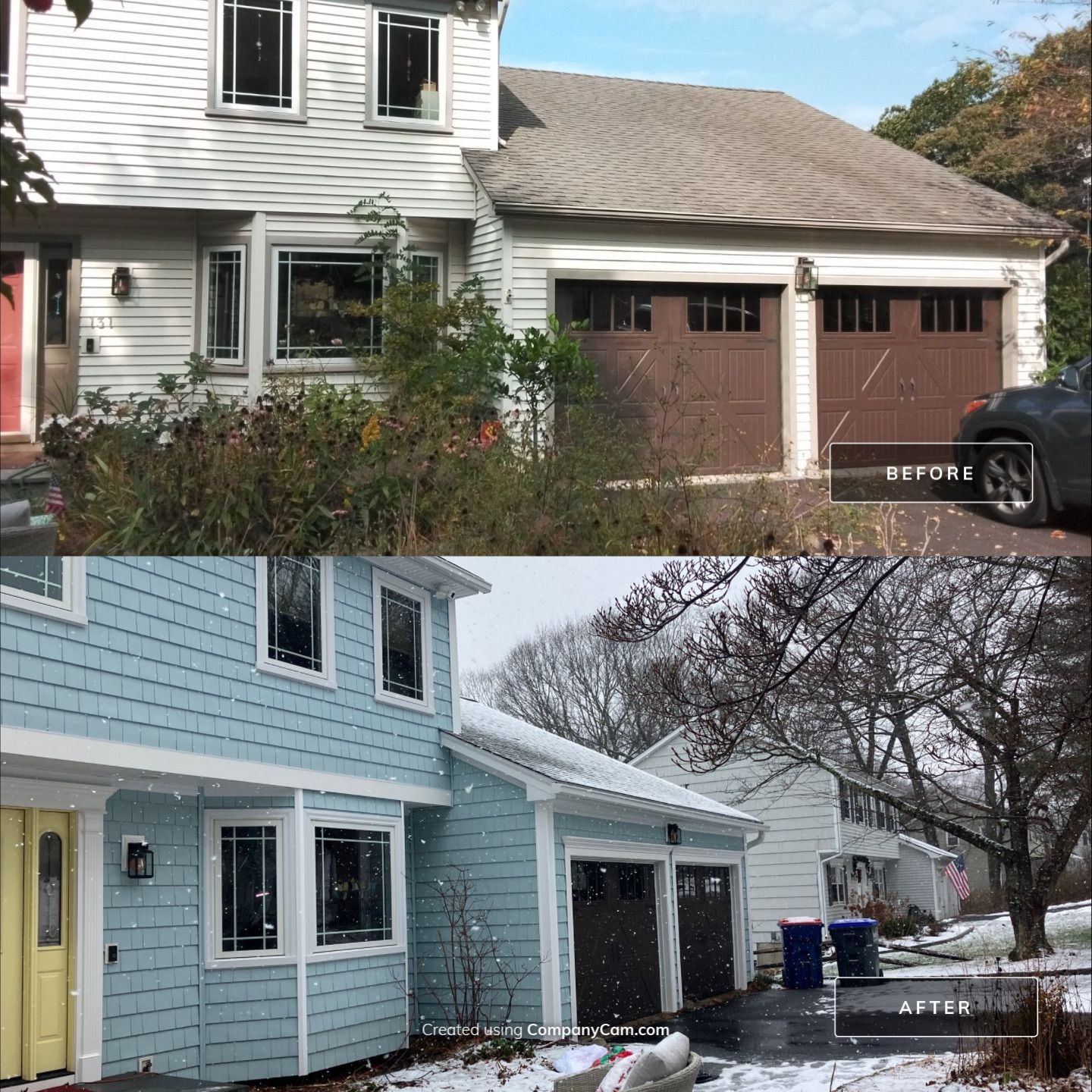 Beautiful Siding transformation using Cert. Cedar Impressions D/7 Perfection, Straight Bottom, Bermuda Blue by DiGiorgi Roofing and Siding Inc