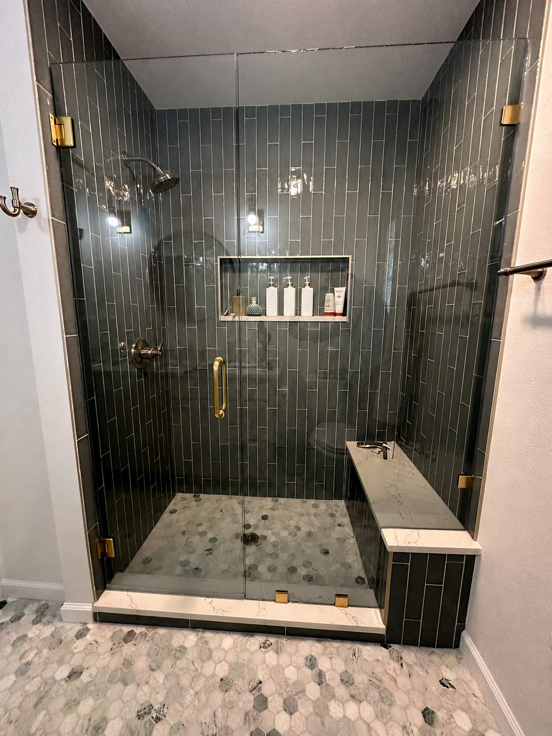 Northwood Bathroom Remodel with Custom Walk-In Shower and Hexagon Marble Flooring by Legacy Bath and Kitchen 