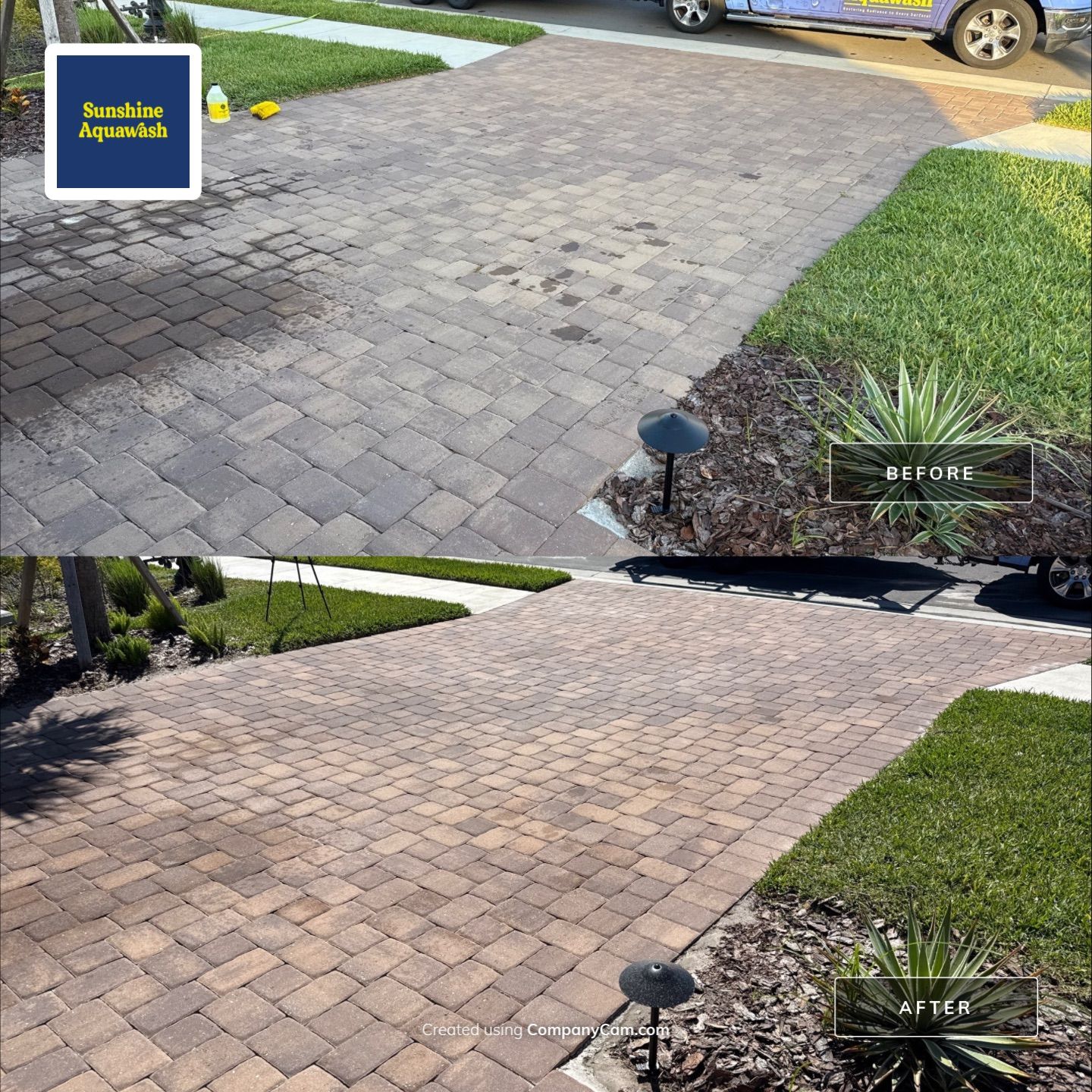 Oil Stain Removal on Paver Driveway | Esplanade at Artisan Lakes, Palmetto FL by Sunshine AquaWash