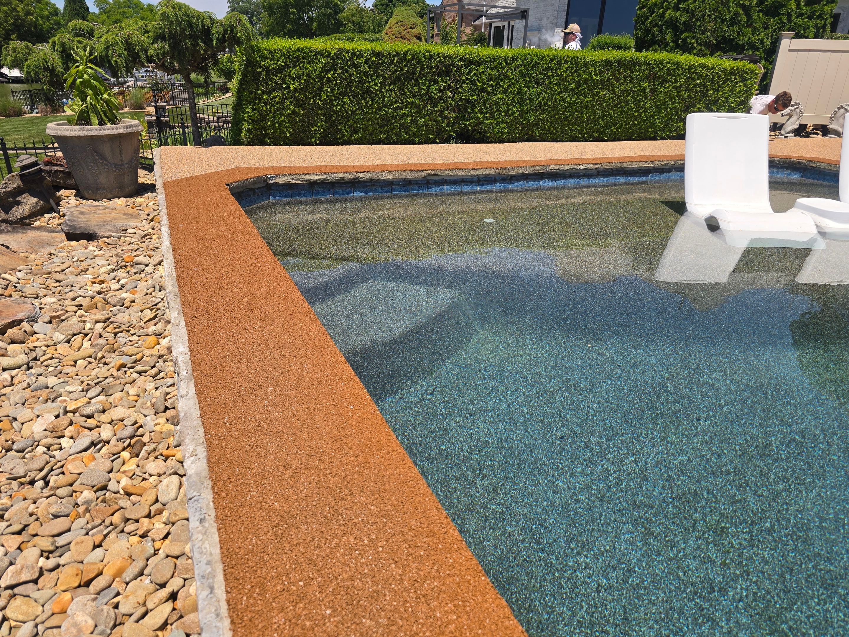 Lakeside Pool Resurface — Sandstone Rubaroc® with Medium Brown Border by Elite Floor Solutions