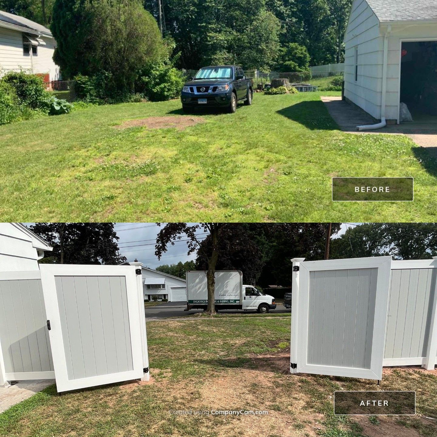 New Vinyl privacy fence with double gate. In two tone gray and white coloring. by DiGiorgi Roofing and Siding Inc