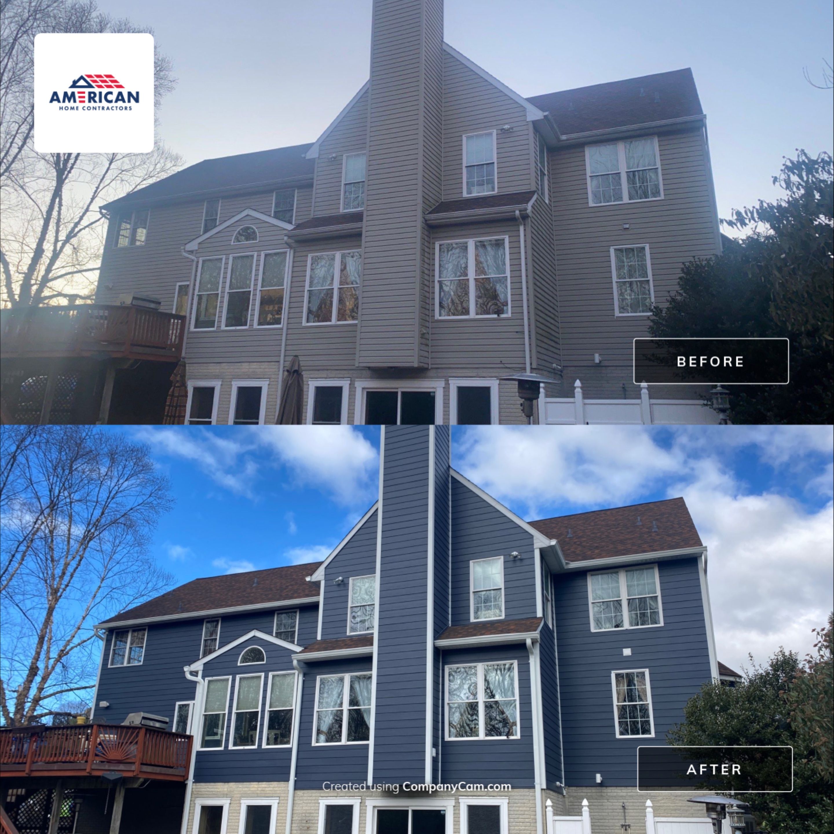 James Hardie Plank Siding + Seamless Gutters by American Home Contractors