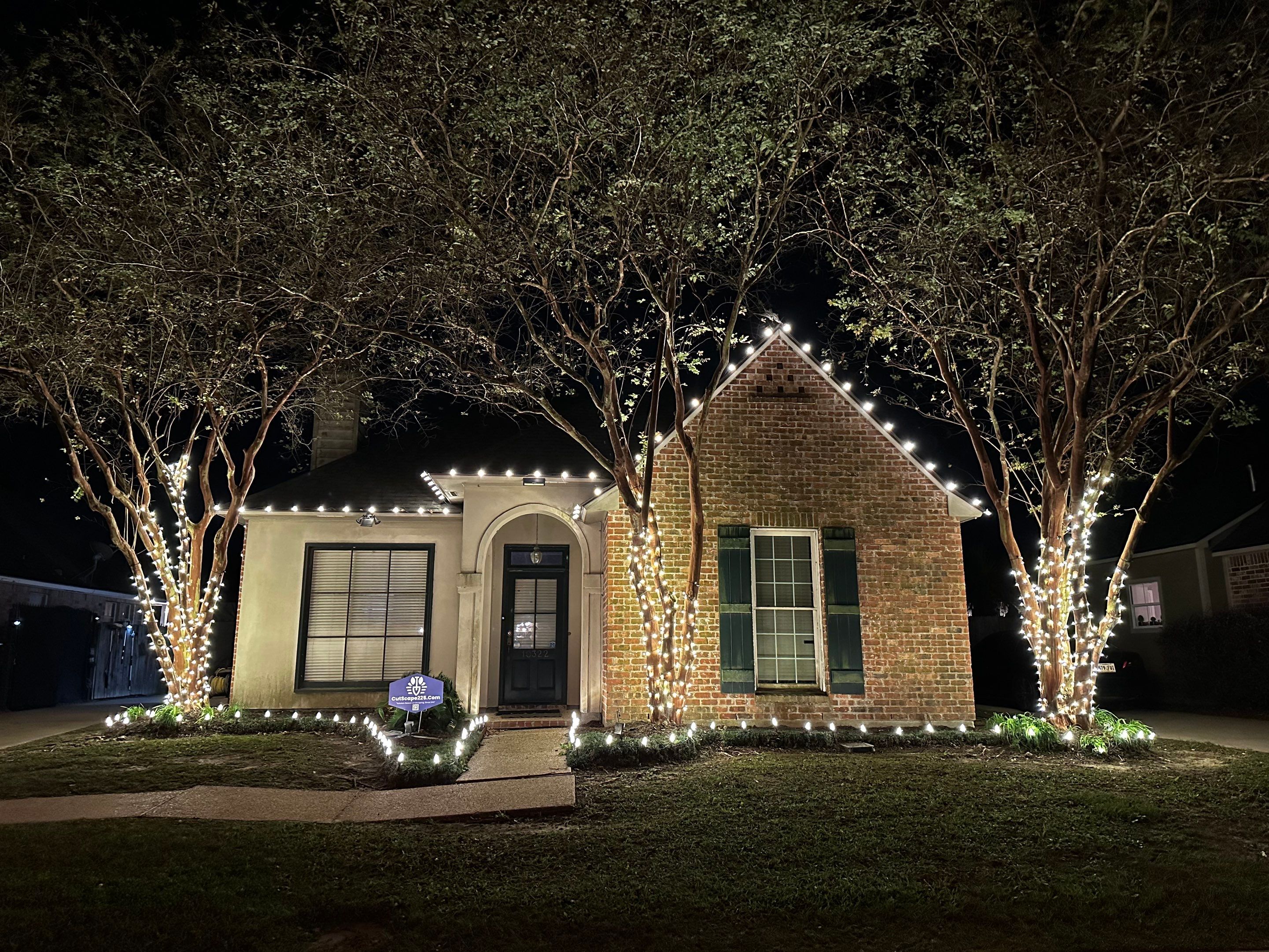 WINTER SERVICES: HOLIDAY LIGHTING using ROOFLINE PERIMETER LIGHTING: HALLOWEEN THEME WITH ORANGE AND PURPLE BULBS by CutScape, LLC.