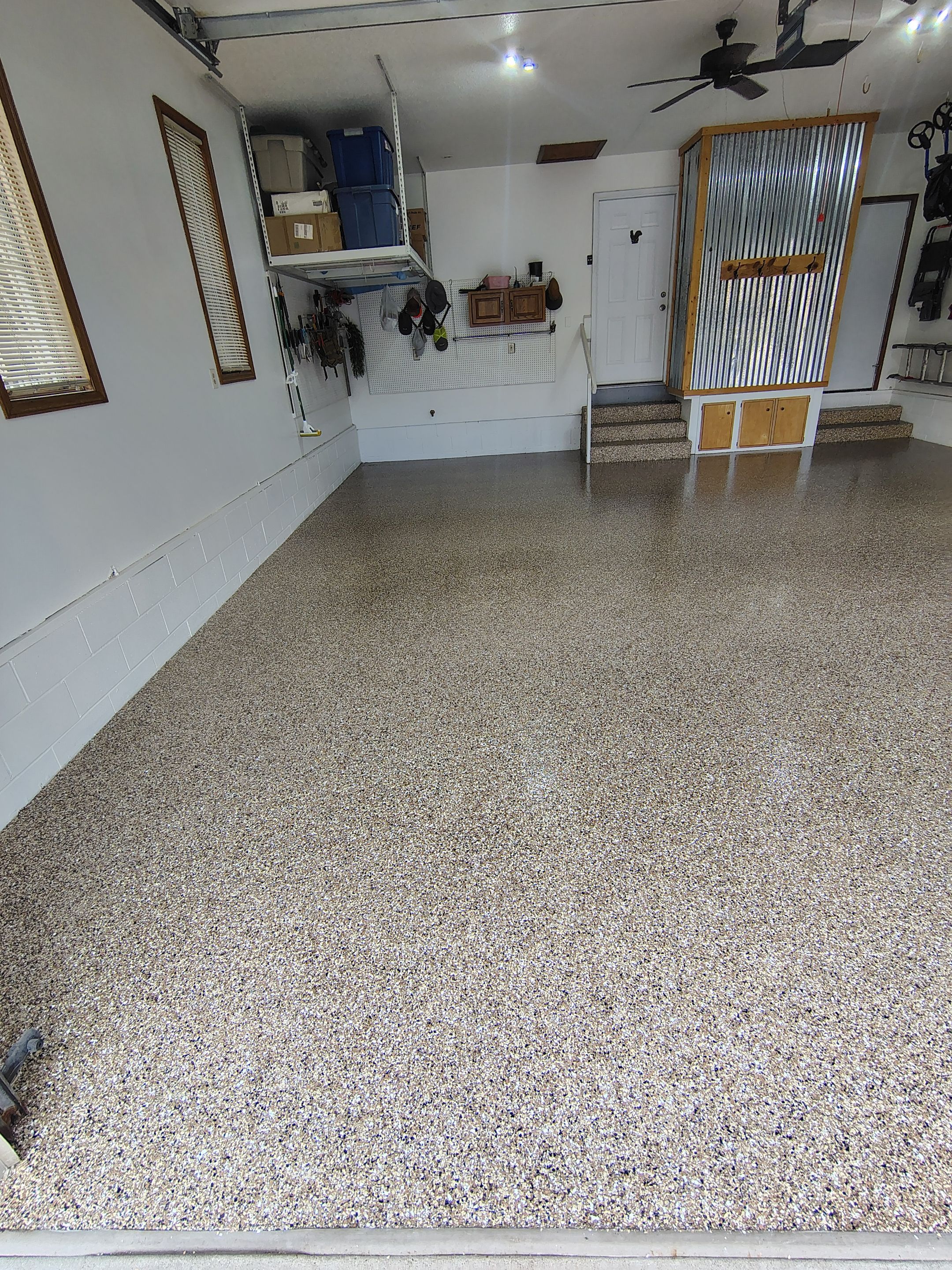 Multi-Colored Flake Epoxy Garage Floor Coating and Crack Repair by Select Painting, Coatings & Garage Cabinets