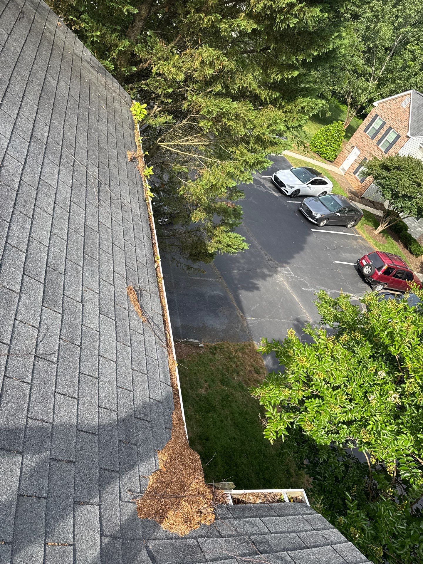 Commercial gutter cleaning Rock Hill & Fort Mill, SC before photo with filled gutters
