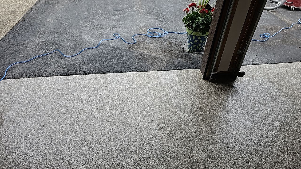 Garage Floor Polyaspartic Coating with Pebble Beach 1/4" Flakes by Croc Coatings, LLC