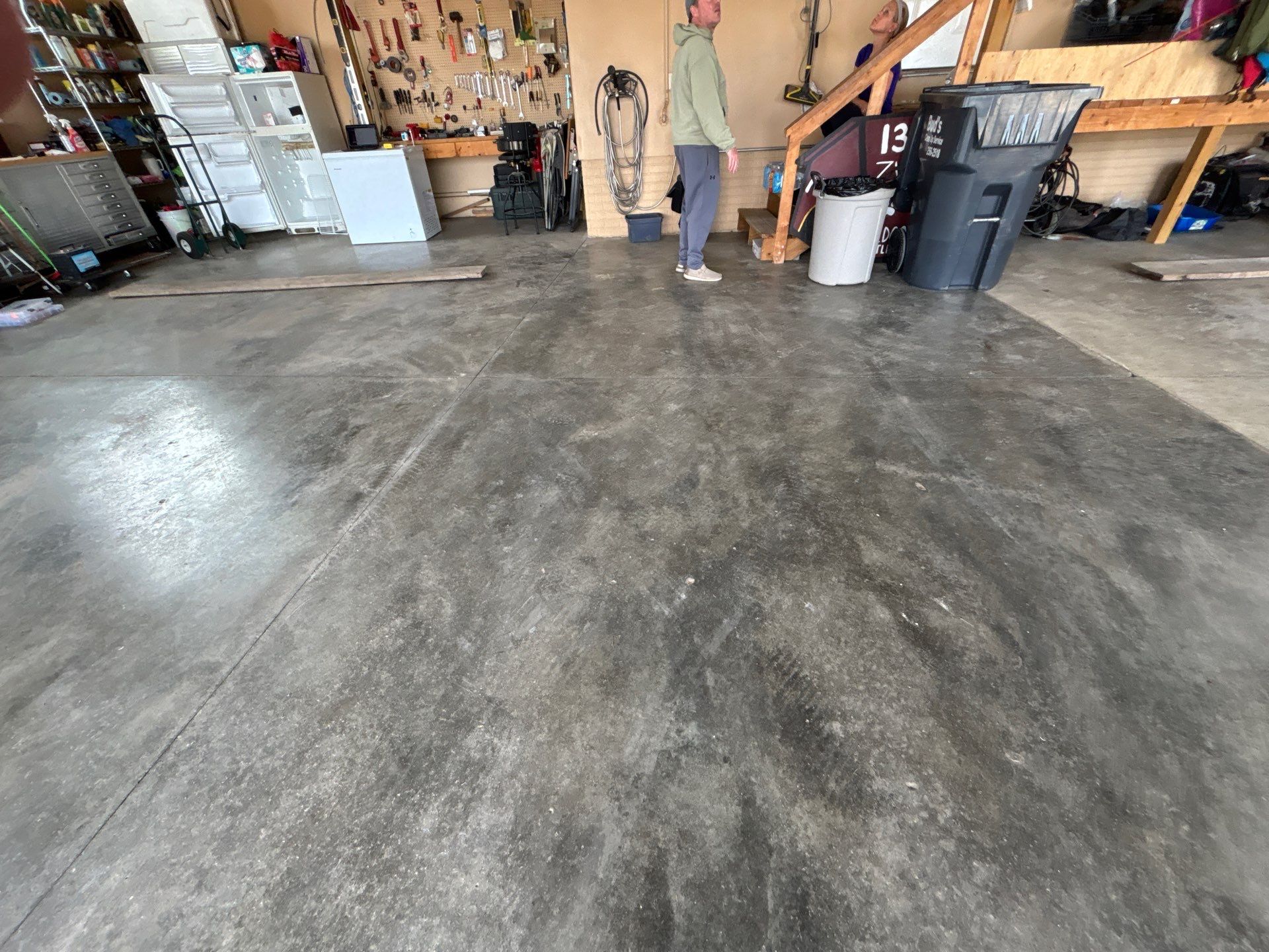 Residential Garage Floor Transformation with Speckled Epoxy Coating by Select Painting, Coatings & Garage Cabinets