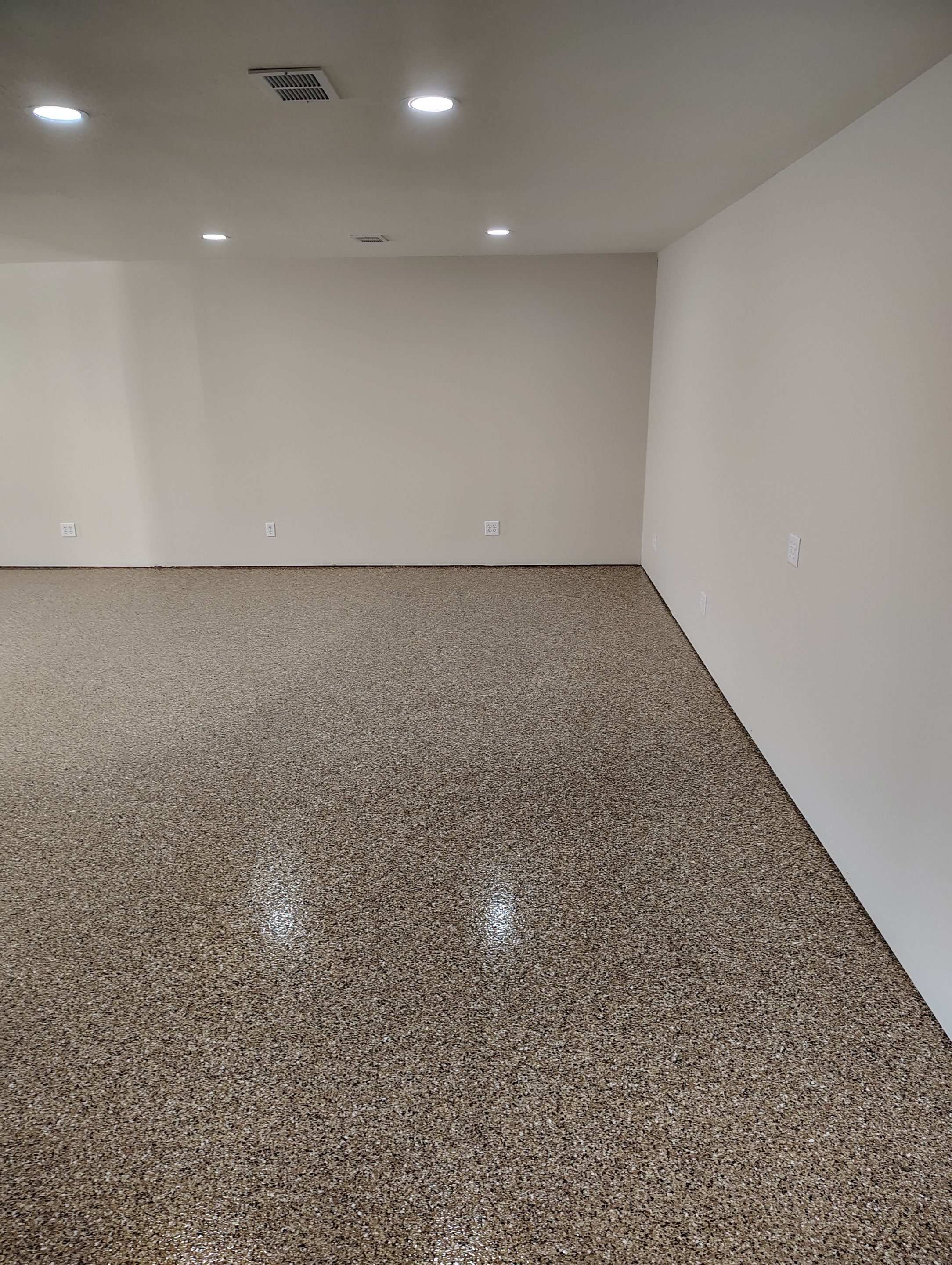 Durable Epoxy Flake Floor Coating for Commercial Workshop by Select Painting, Coatings & Garage Cabinets