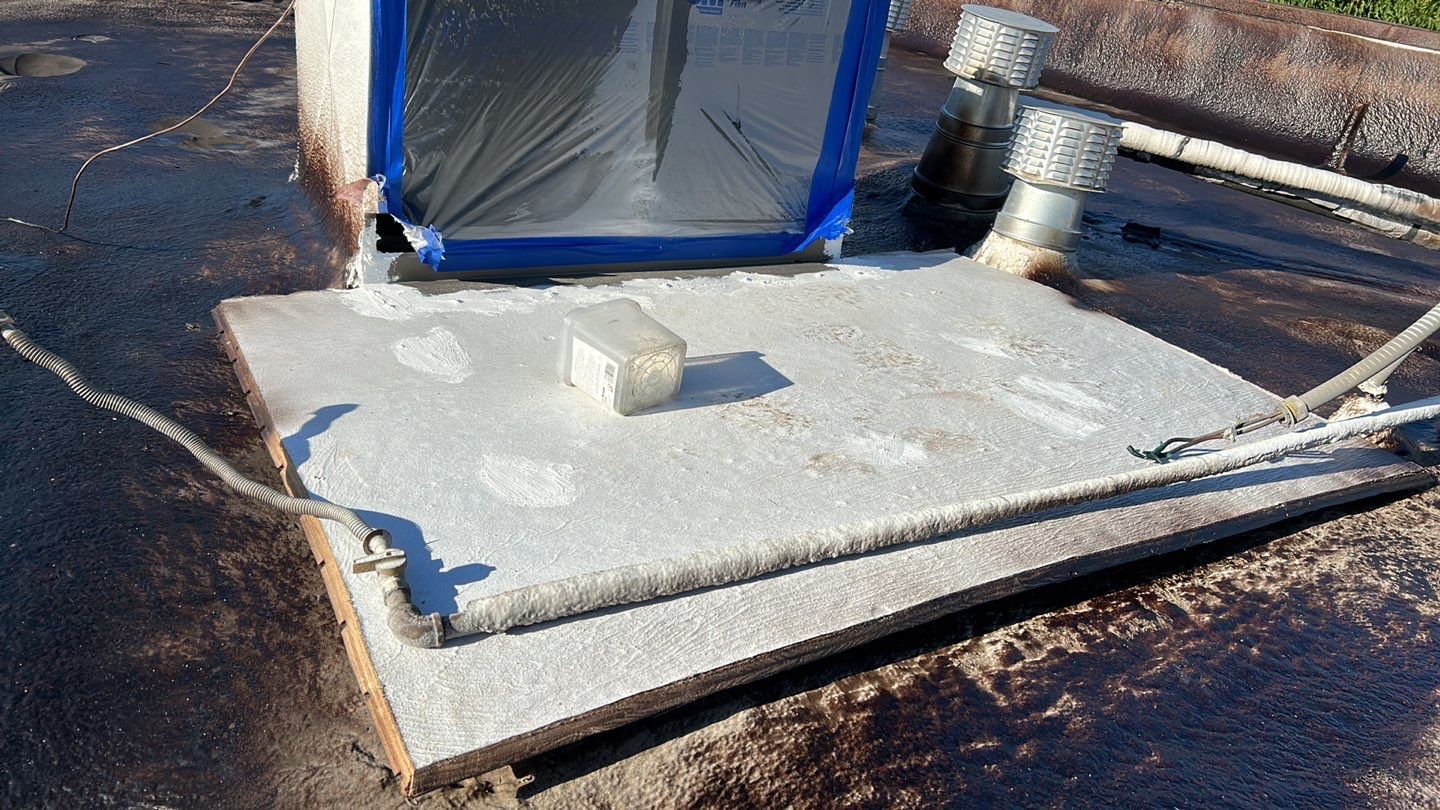 Foam Refurbish using Conklin Benchmark/PUMA XL coatings and spray foam; Also metal roofing around parapet wall by Straight Edge Roofing Inc