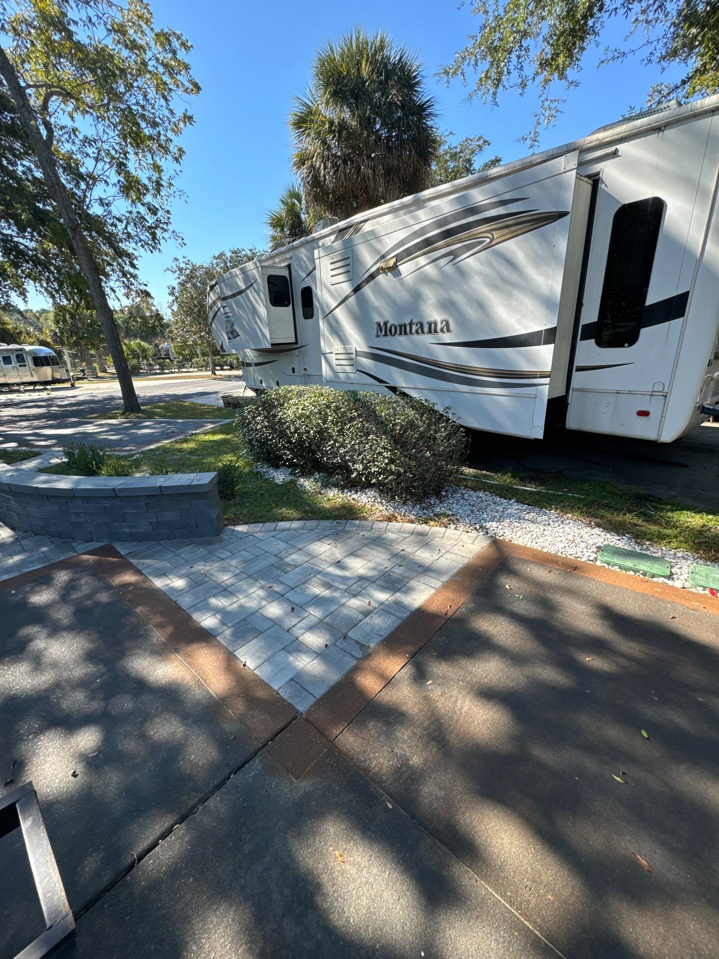 Custom Concrete RV Pad and Stone Paver Patio in Hilton Head Island by Lowcountry Scapes, LLC