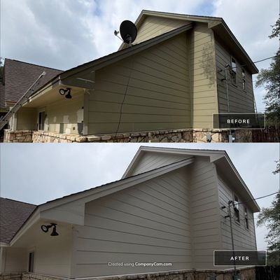 Before and after photo of a gable roofline repainted by Hill Country Painting in Briarcliff, TX