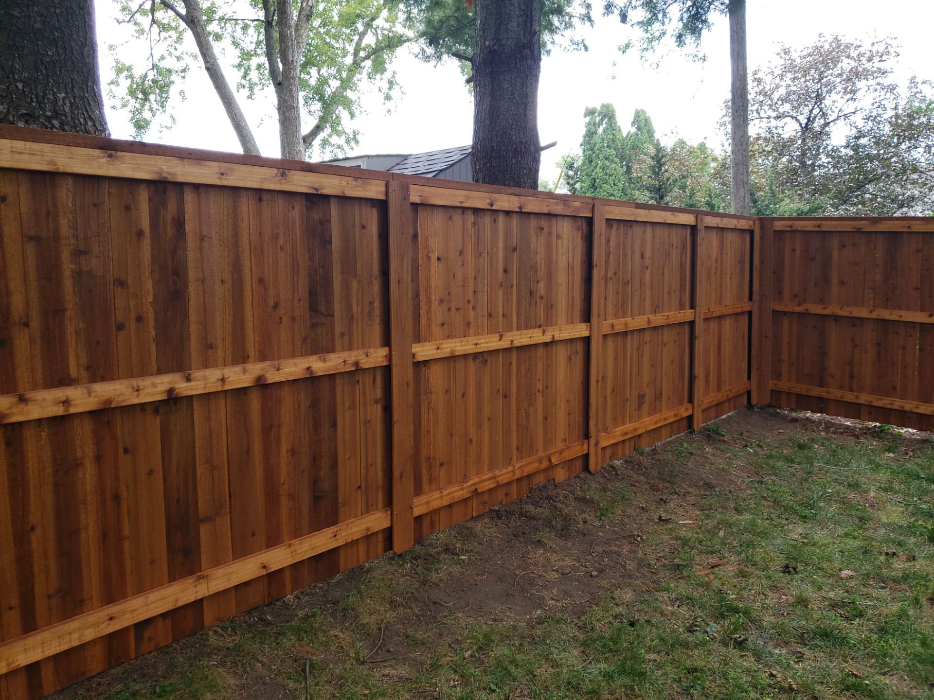 Custom Cedar Privacy Fence with Decorative Gate Windows in Cedar Falls by Perfect Picket Fence and Stain