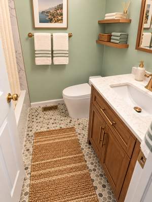 Modern Bathroom Remodel with Marble-Look Tile & Brushed Gold Finishes