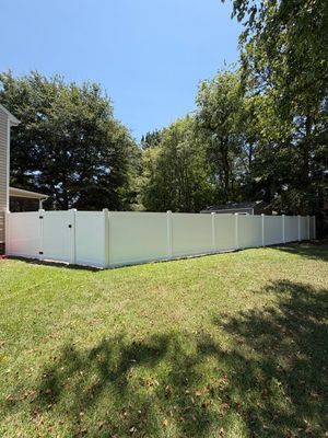 White Vinyl Privacy Fence Replacement with Double Gates in Greenville