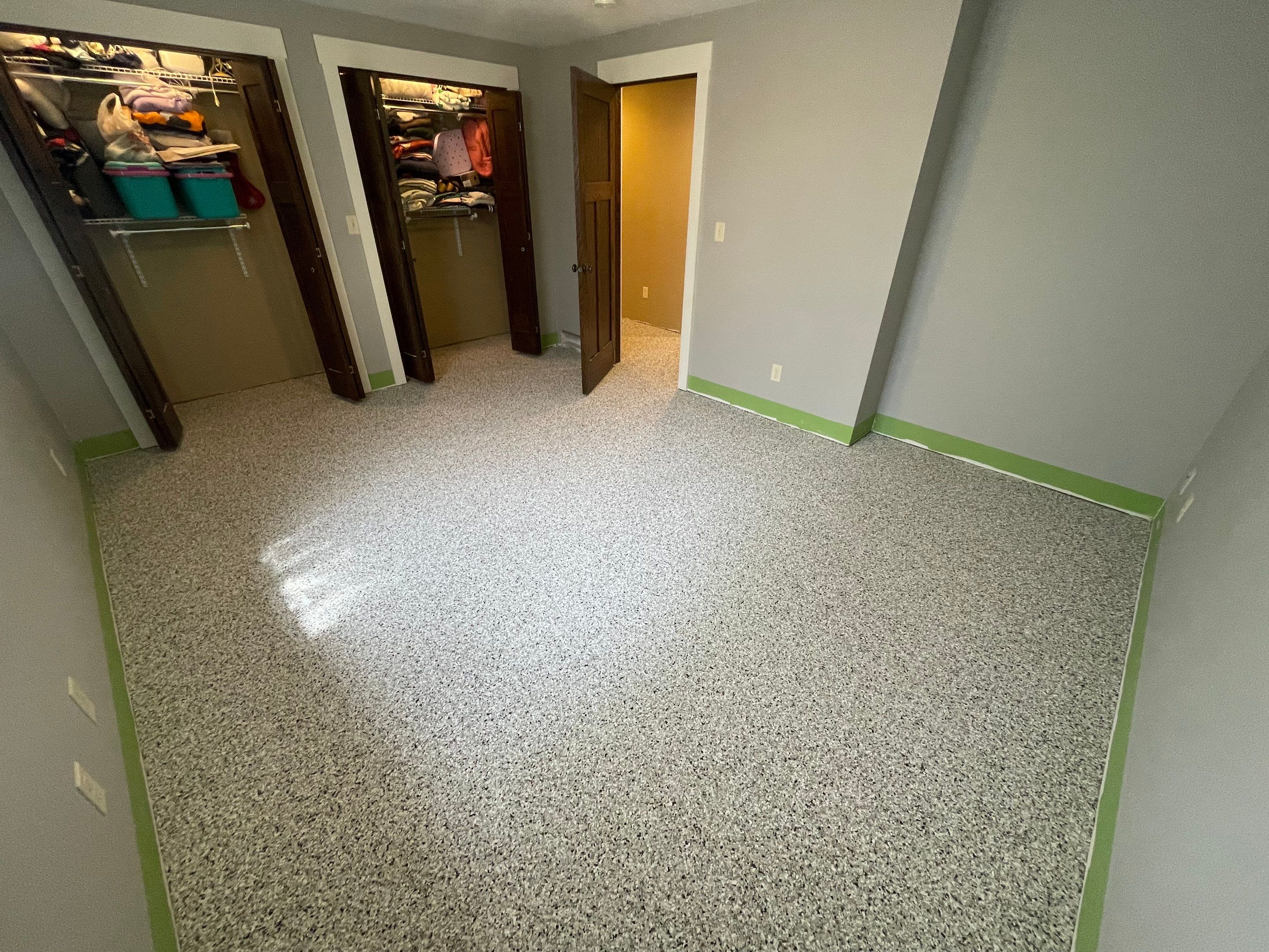 Decorative Flake Concrete Floor Coating for Larchwood Basement by Select Painting, Coatings & Garage Cabinets