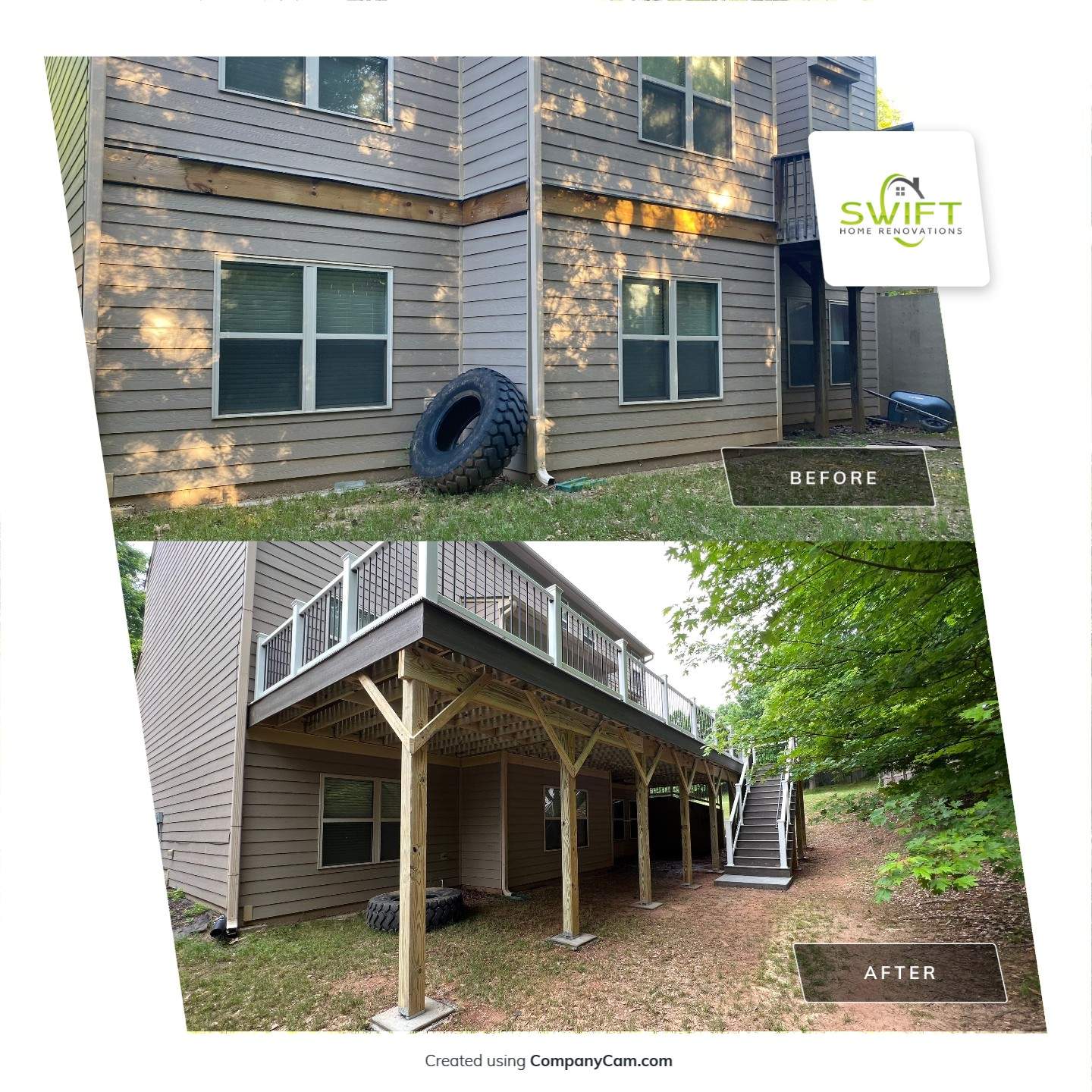 Custom Elevated Deck Replacement with White and Black Railings by Swift Home Renovations