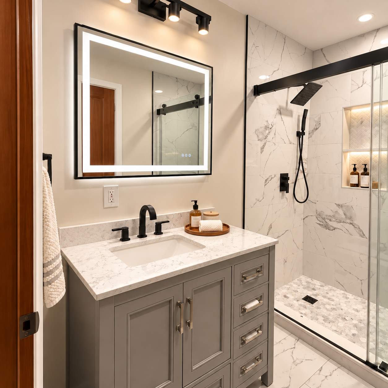 Modern Bathroom Remodel with Marble Tile & Matte Black Finishes by Remodel Now