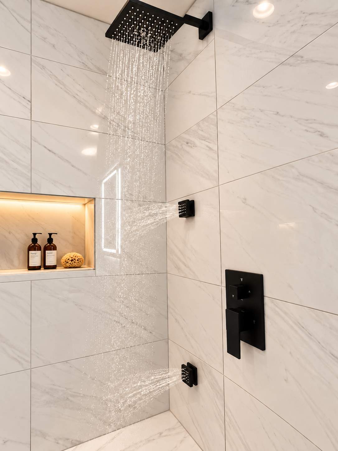 Luxury Walk-In Shower Remodel with Marble Tile & Matte Black Fixtures by Remodel Now
