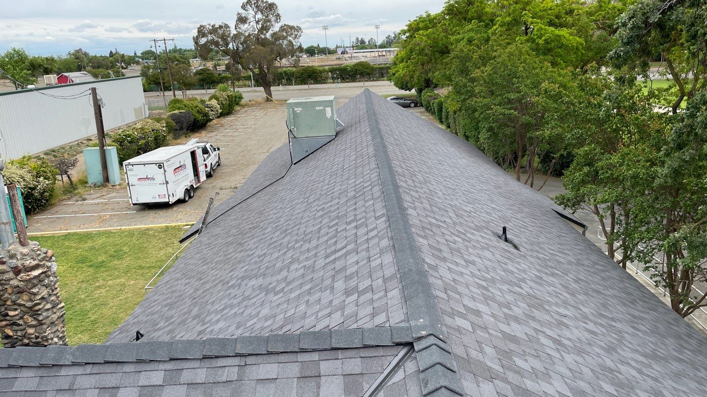Certainteed Landmark Solaris shingle job at Merced Fairgrounds by Straight Edge Roofing Inc