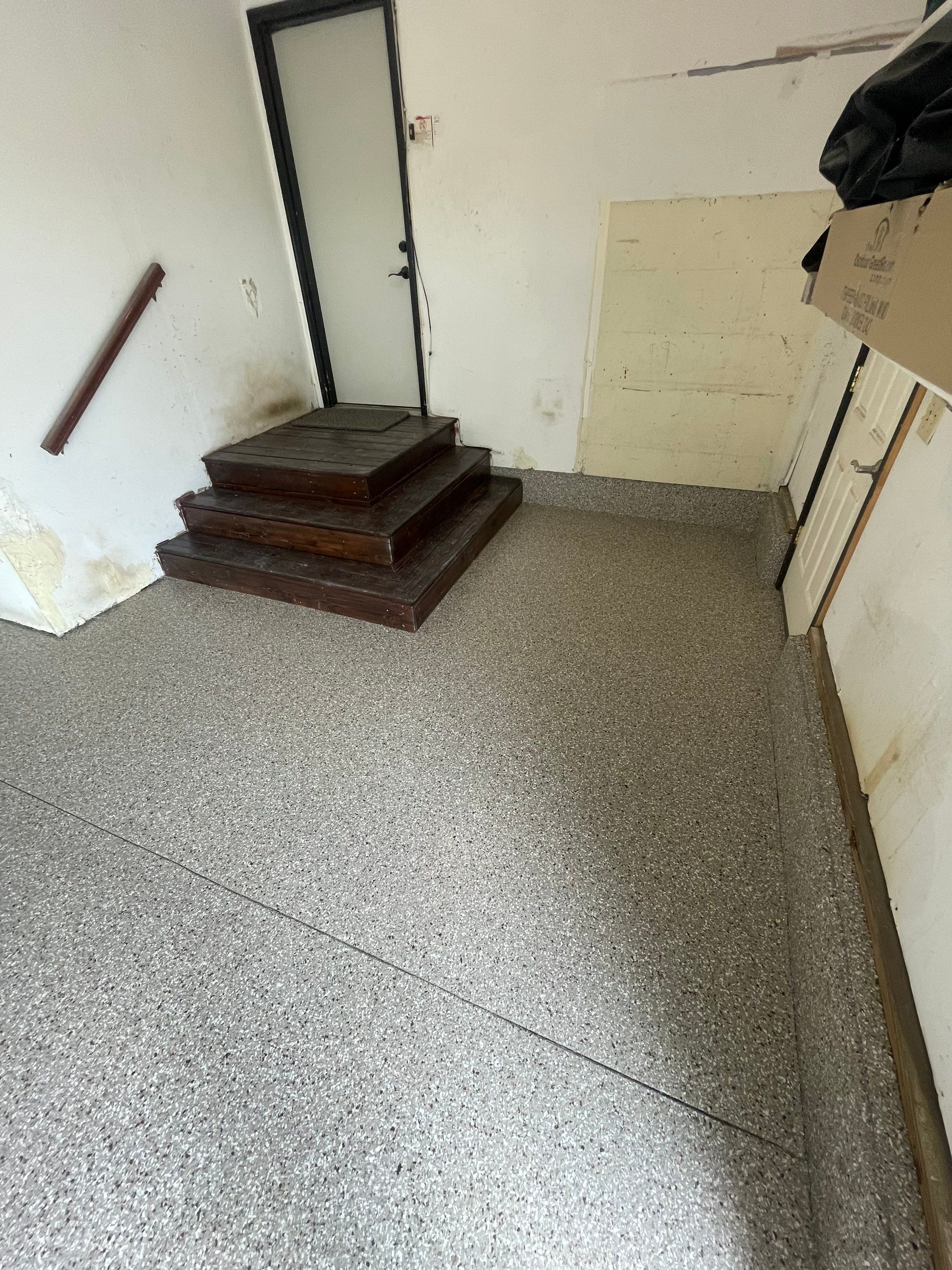 Hartford Residential Garage Floor Transformation With Decorative Chip Coating by Select Painting, Coatings & Garage Cabinets