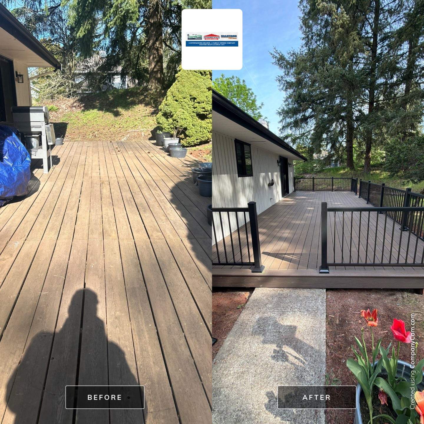 Renton Deck Transformation | TimberTech® Prime+ Dark Cocoa & Sea Salt Gray with Black Railing by Emerald City Energy