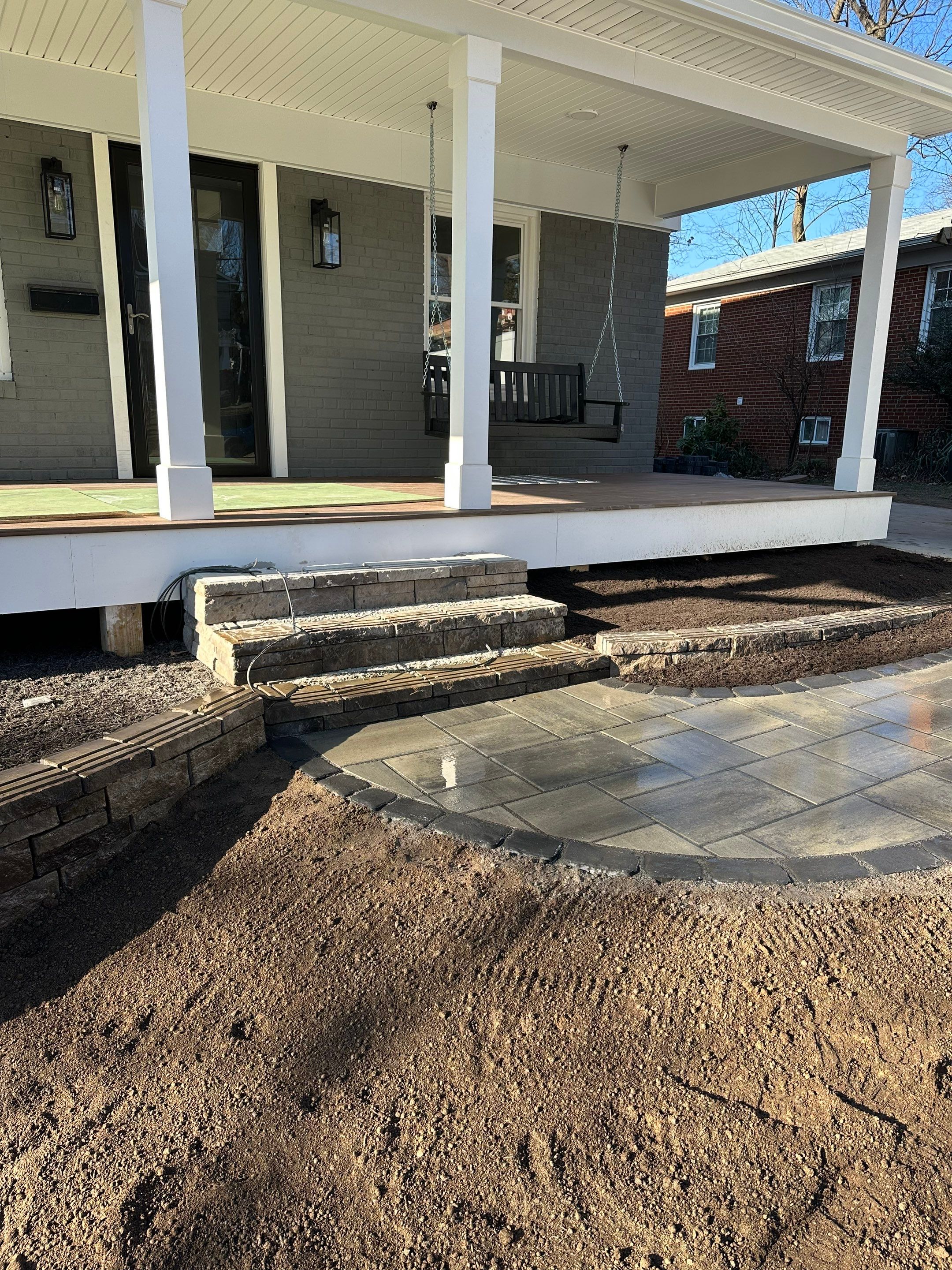 Retaining wall, walkway, small patio and landscape install by The Smet Companies, LLC