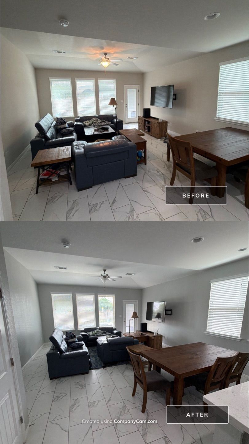 Before and after photo of a living room repainted by Hill Country Painting in Leander, TX