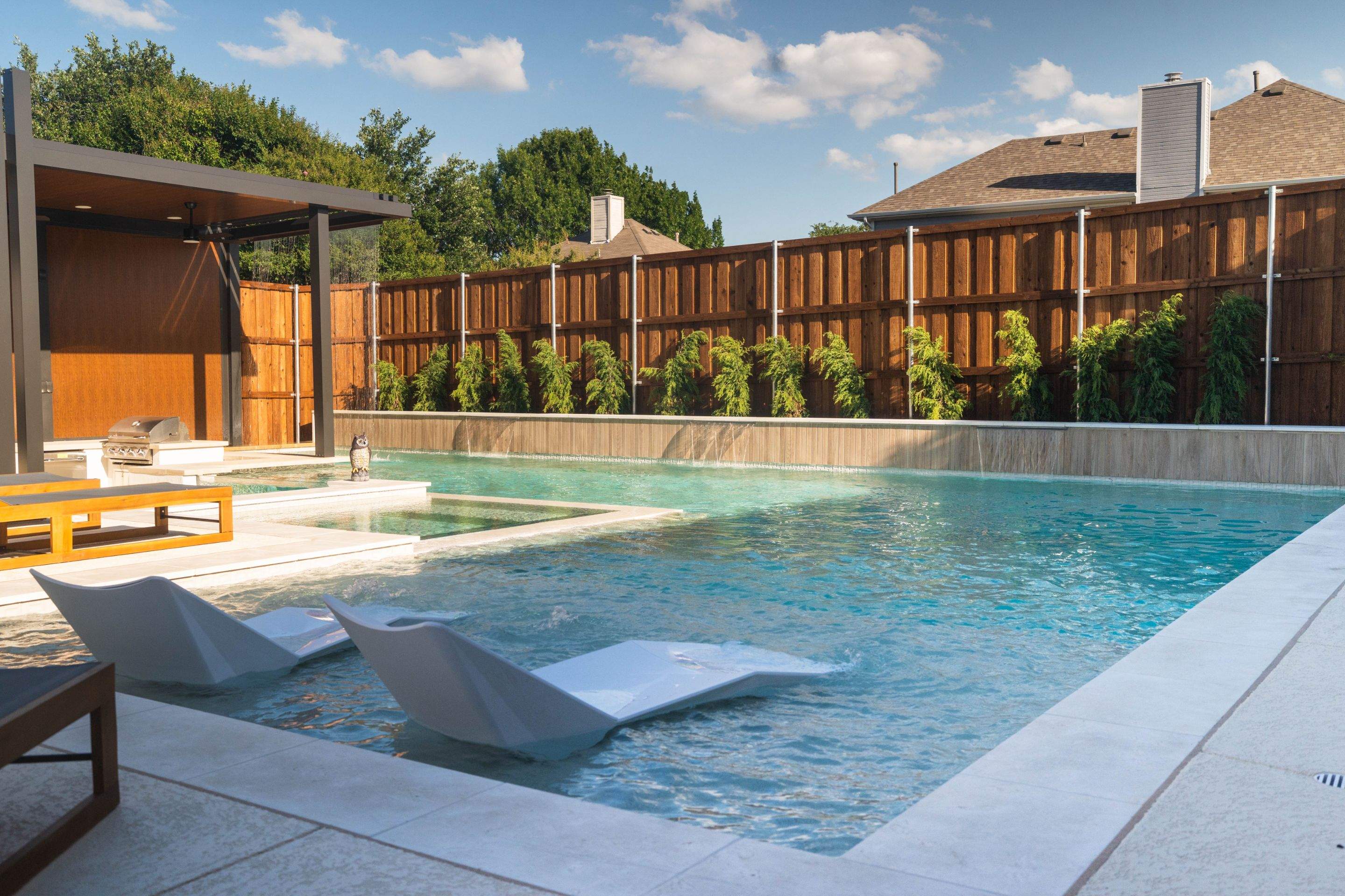 Modern Geometric Pool with Cabana and Fire Feature by Pinnacle Pools and Spas - DFW