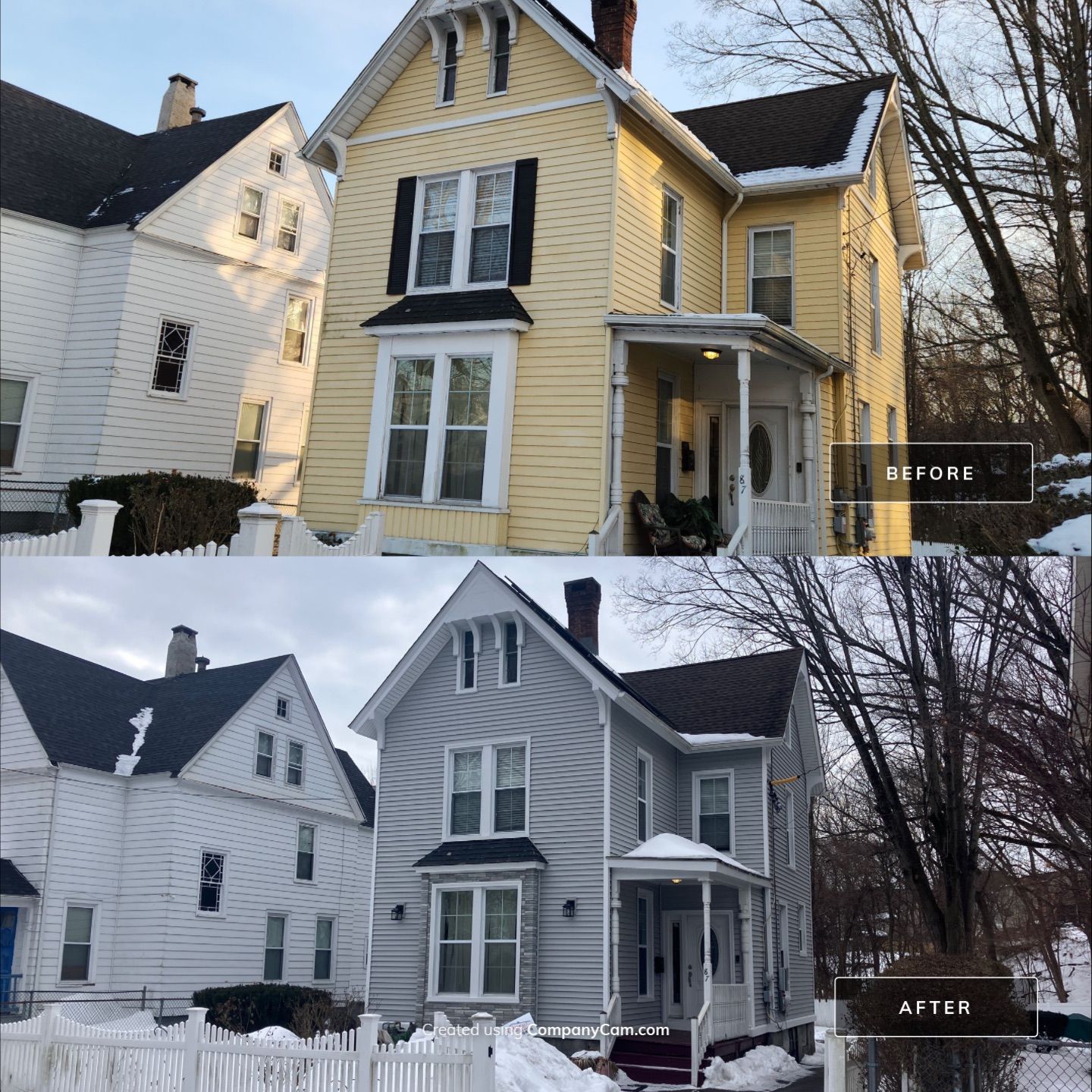 Siding & Stone Transformation with Cert. Monogram D/4 x 12'6" clapboard, Sterling Gray & Stone Facade, Glacier Bay by DiGiorgi Roofing and Siding Inc