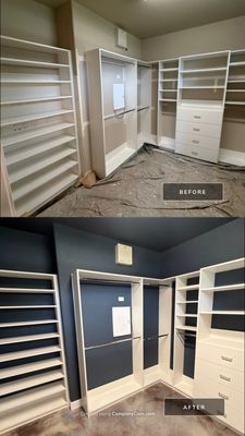 Before and after photo of a walk-in closet with navy accent wall by Hill Country Painting in Driftwood, TX