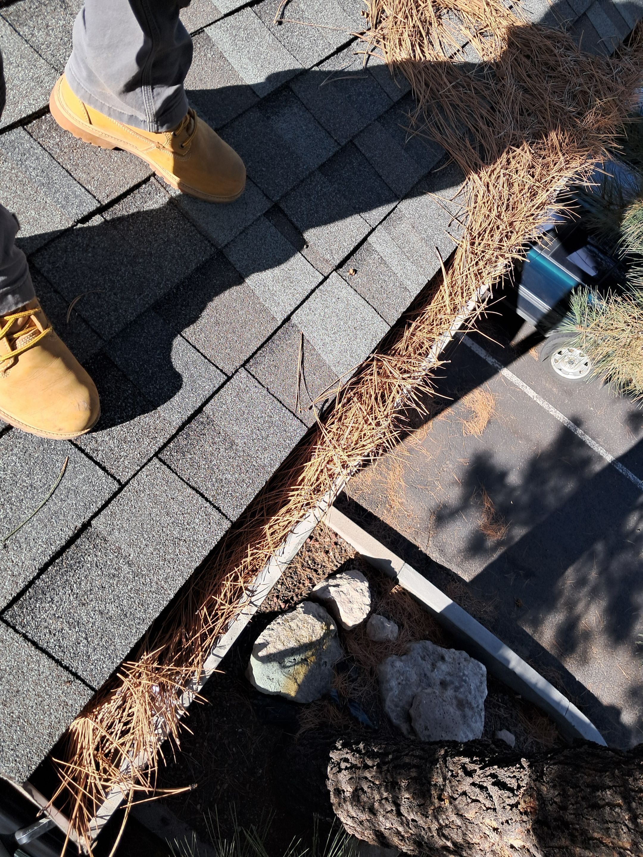 HOA gutter cleaning in Flagstaff, AZ before photo showing full gutters.