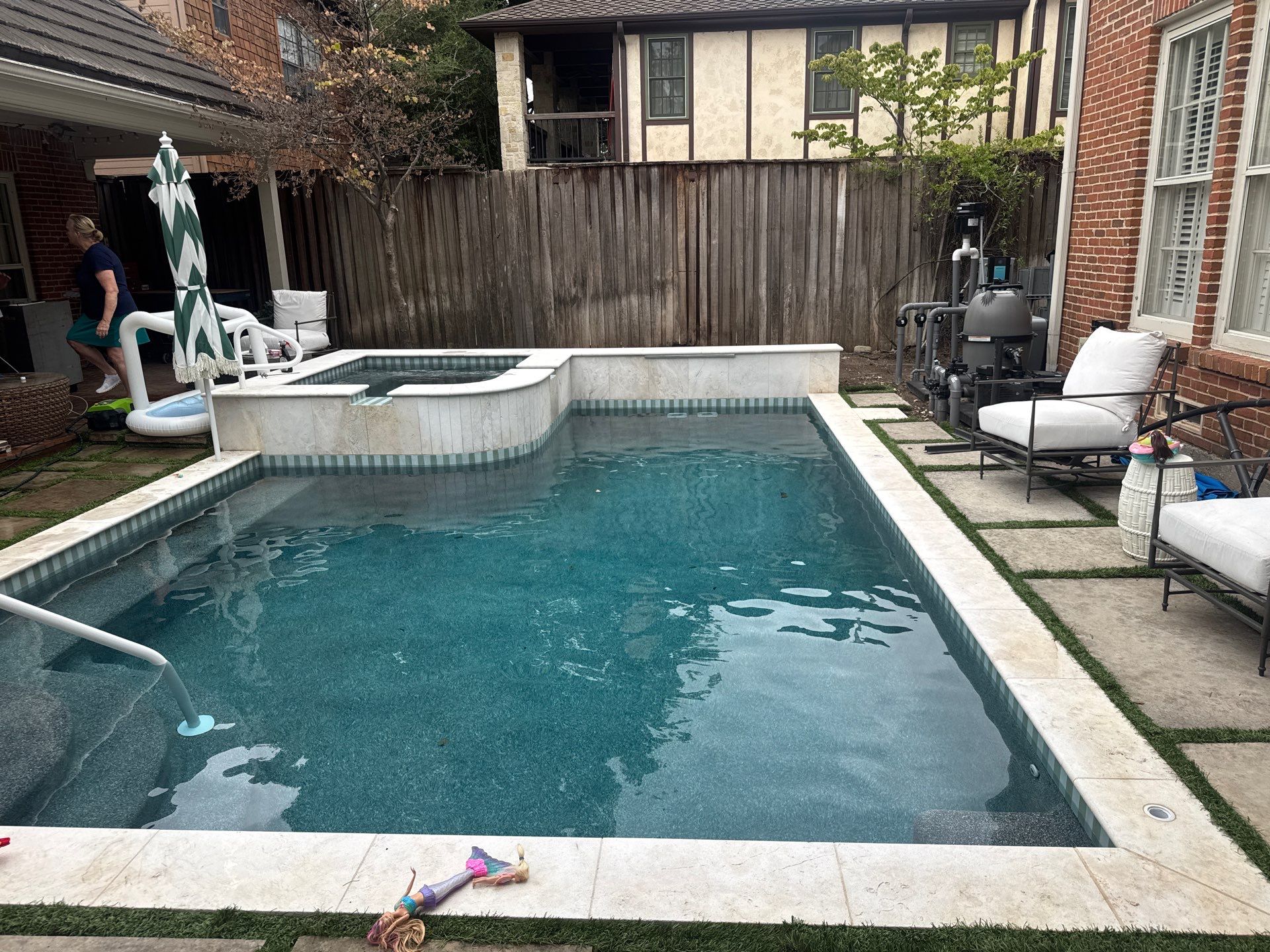 Modern Geometric Pool with Raised Spa and Travertine Deck by Pinnacle Pools and Spas - DFW
