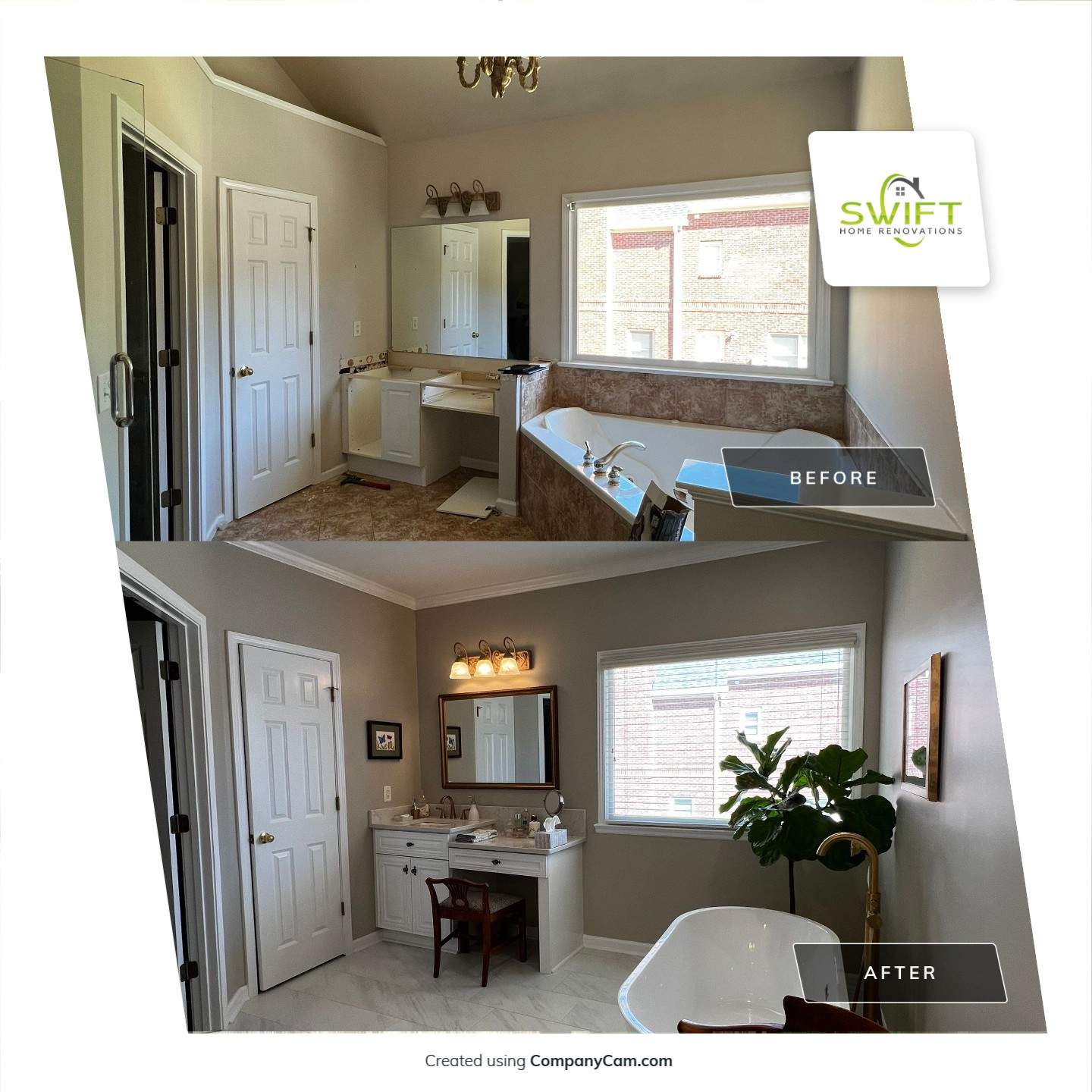 Master Bathroom Renovation with Marble Floor and Freestanding Soaking Tub by Swift Home Renovations