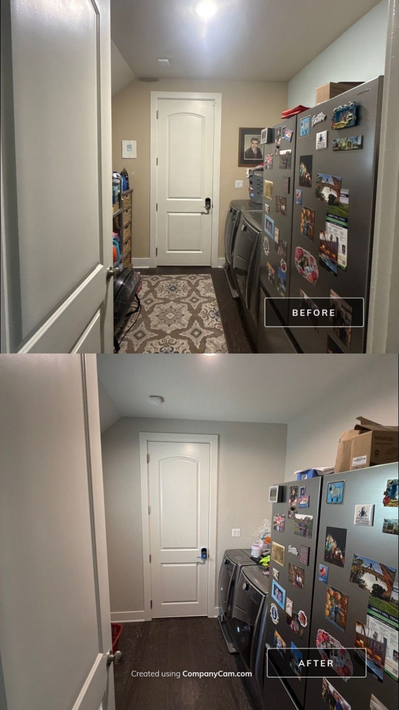 Before and after photo of a hallway repainted by Hill Country Painting in Liberty Hill, TX