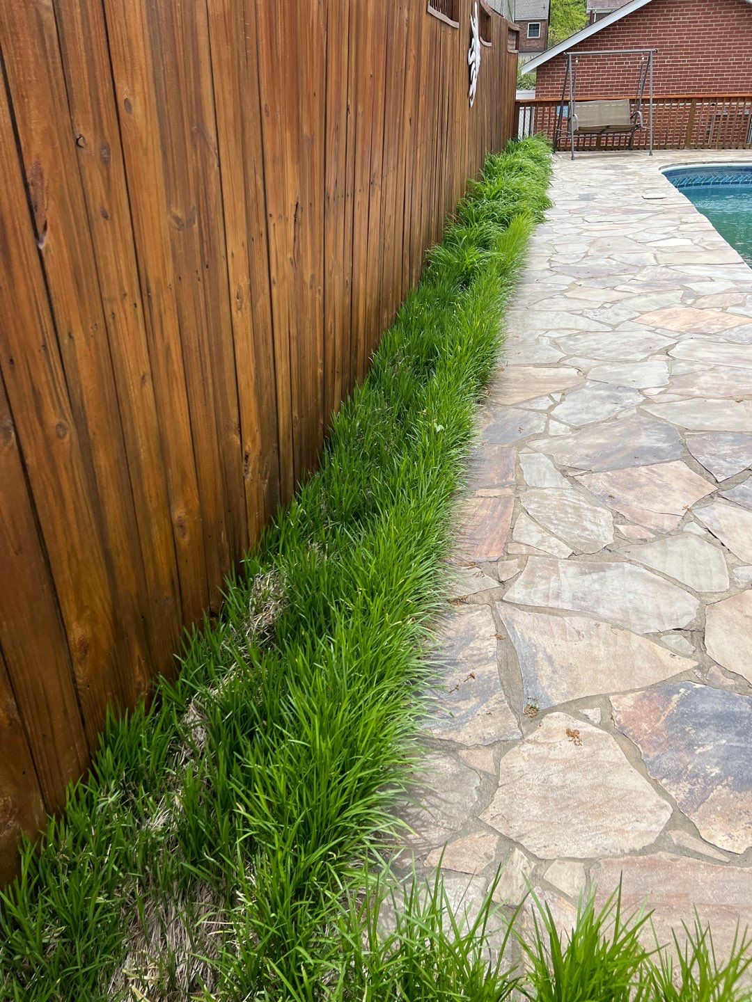 Liriope grasses, mulch and stone pavers by GrassBusters, Inc.
