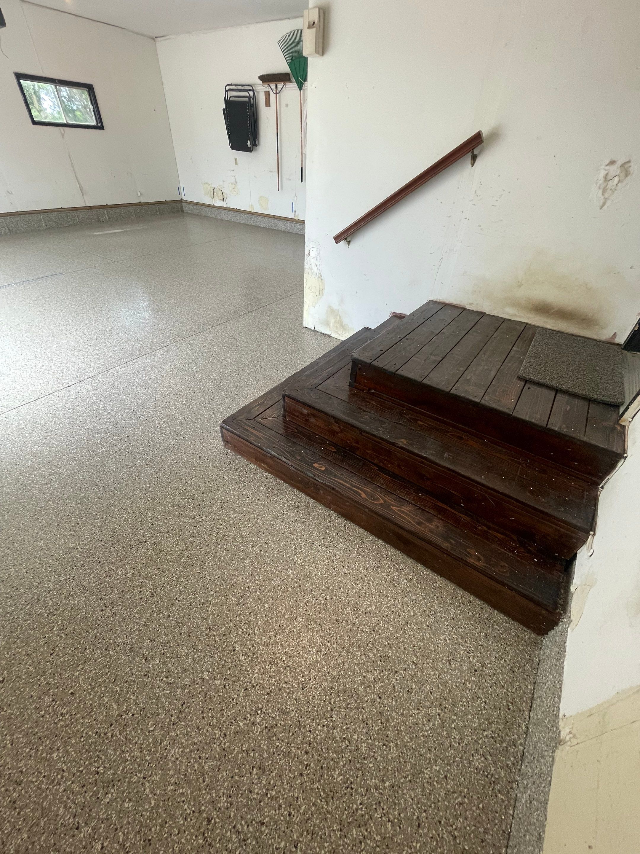 Hartford Residential Garage Floor Transformation With Decorative Chip Coating by Select Painting, Coatings & Garage Cabinets