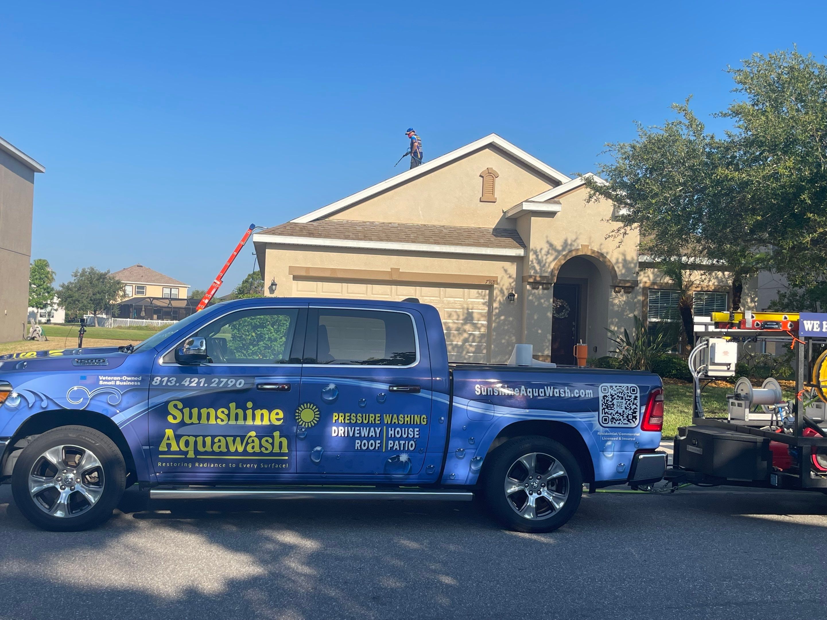 Asphalt Shingle Roof Soft Wash Cleaning & Concrete Pressure Washing in CopperStone Community, Parrish, FL by Sunshine AquaWash