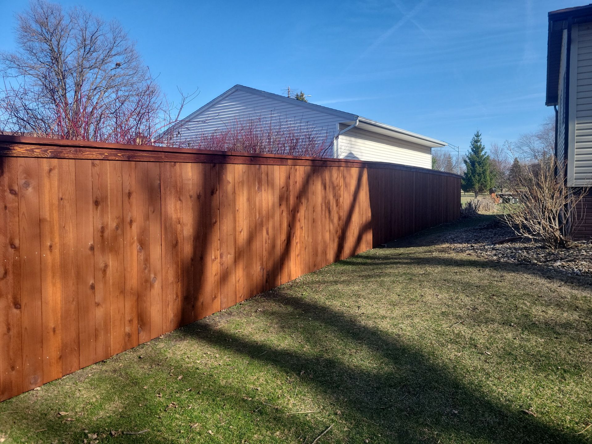 Custom Cedar Wood Privacy Fence with Double Gates and Integrated Planter Mailbox by Perfect Picket Fence and Stain
