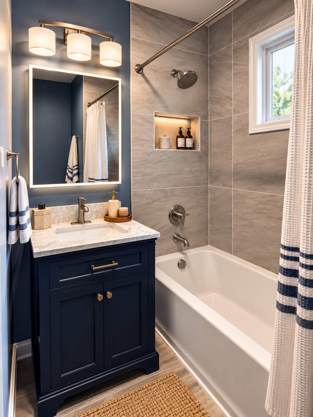Modern Blue & Gray Bathroom Remodel with Custom Tile Surround by Remodel Now