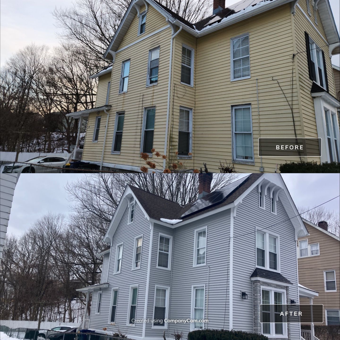 Siding & Stone Transformation with Cert. Monogram D/4 x 12'6" clapboard, Sterling Gray & Stone Facade, Glacier Bay by DiGiorgi Roofing and Siding Inc