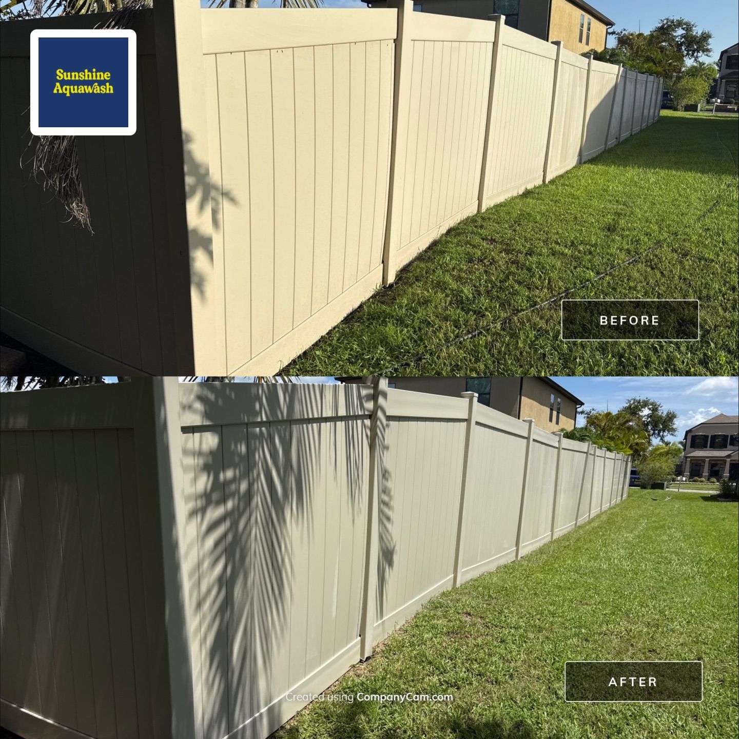 2-Story Stucco House Wash & Tan Vinyl Fence Cleaning | Sheffield Glen Palmetto, FL by Sunshine AquaWash