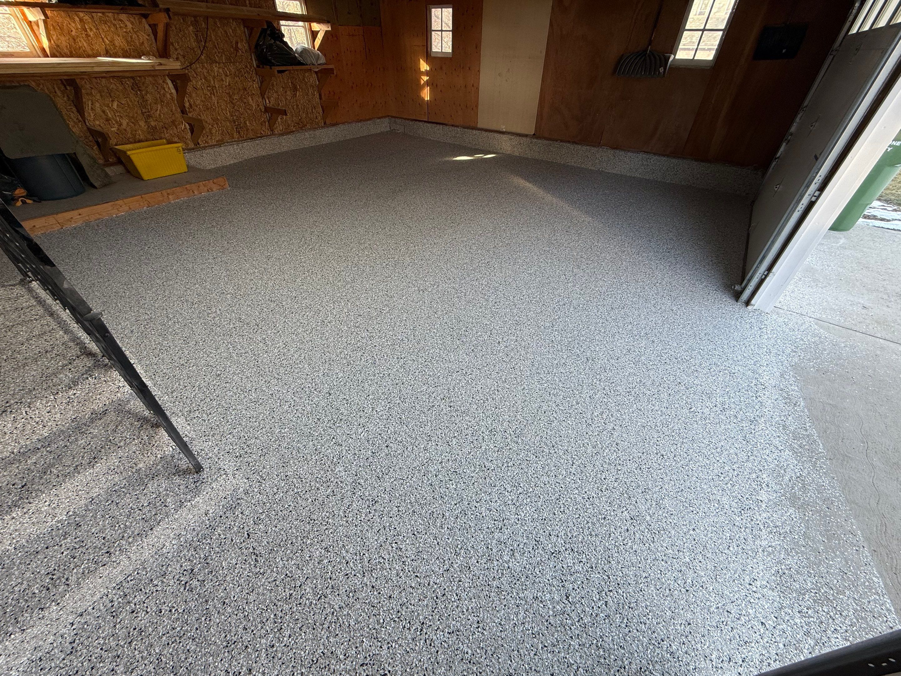 Multi-Colored Epoxy Garage Floor Coating and Concrete Stair Restoration by Select Painting, Coatings & Garage Cabinets
